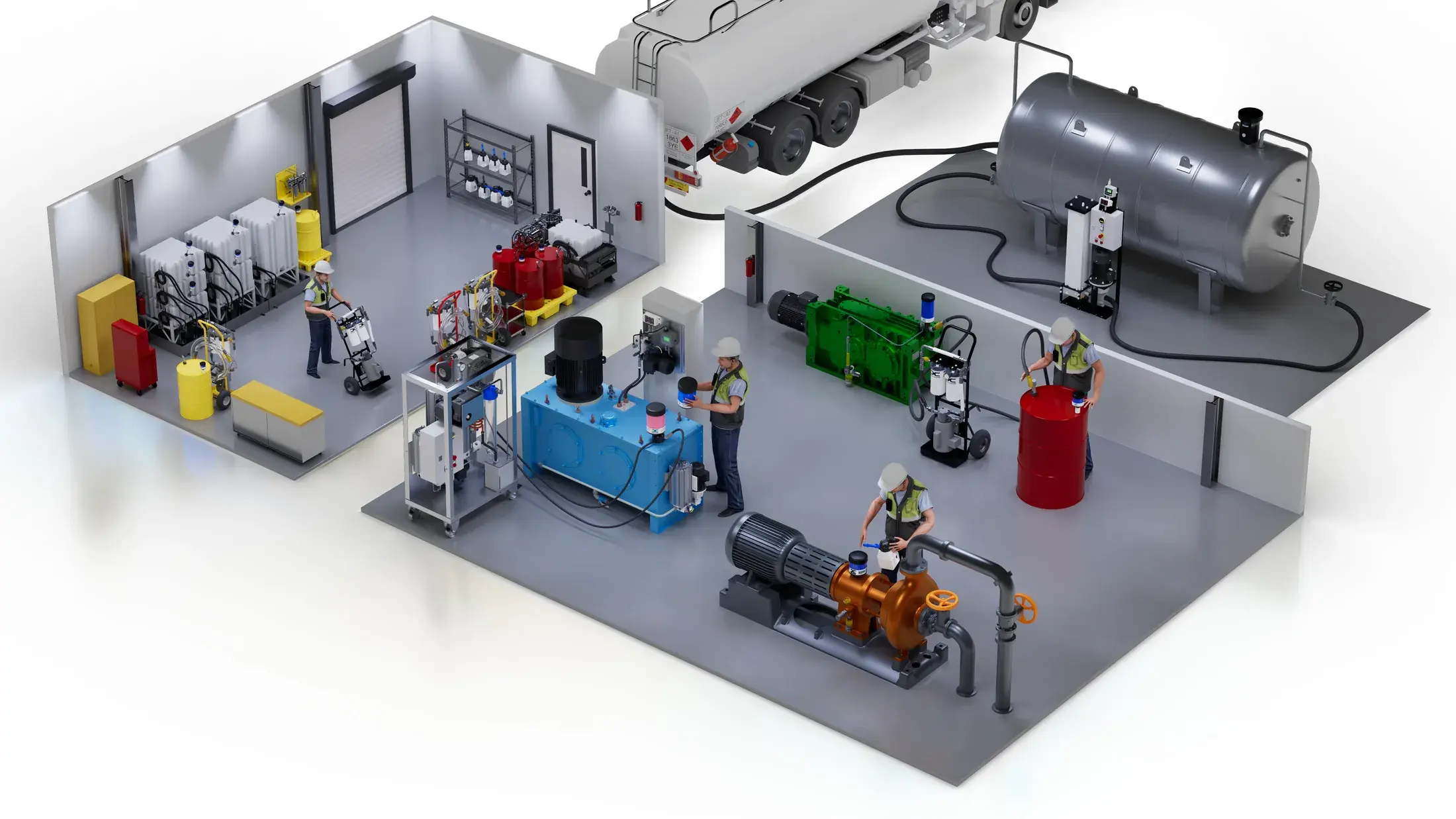 Isometric illustration of a facility showing a lube room, hydraulic power unit, gearbox, centrifugal pump, and bulk storage tank